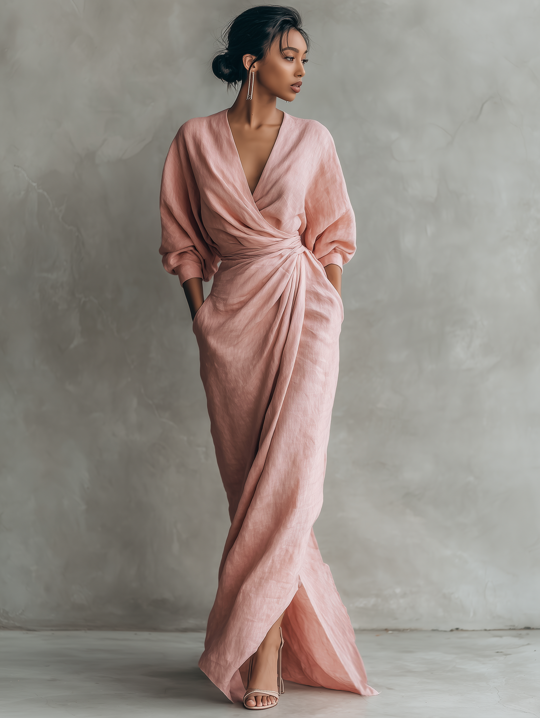 Pink Minimalist Maxi Dress with V-Neck in Linen Blend for Women