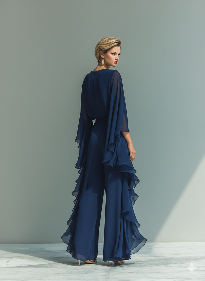 Navy Blue Chiffon Top Set with Flared Sleeves and Straight-Leg Pants with Ruché Details